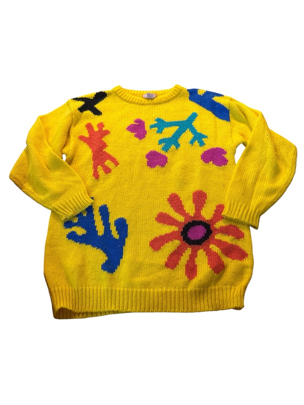 Vintage women’s size M  Bright Yellow Flower & Shapes Knit Sweater